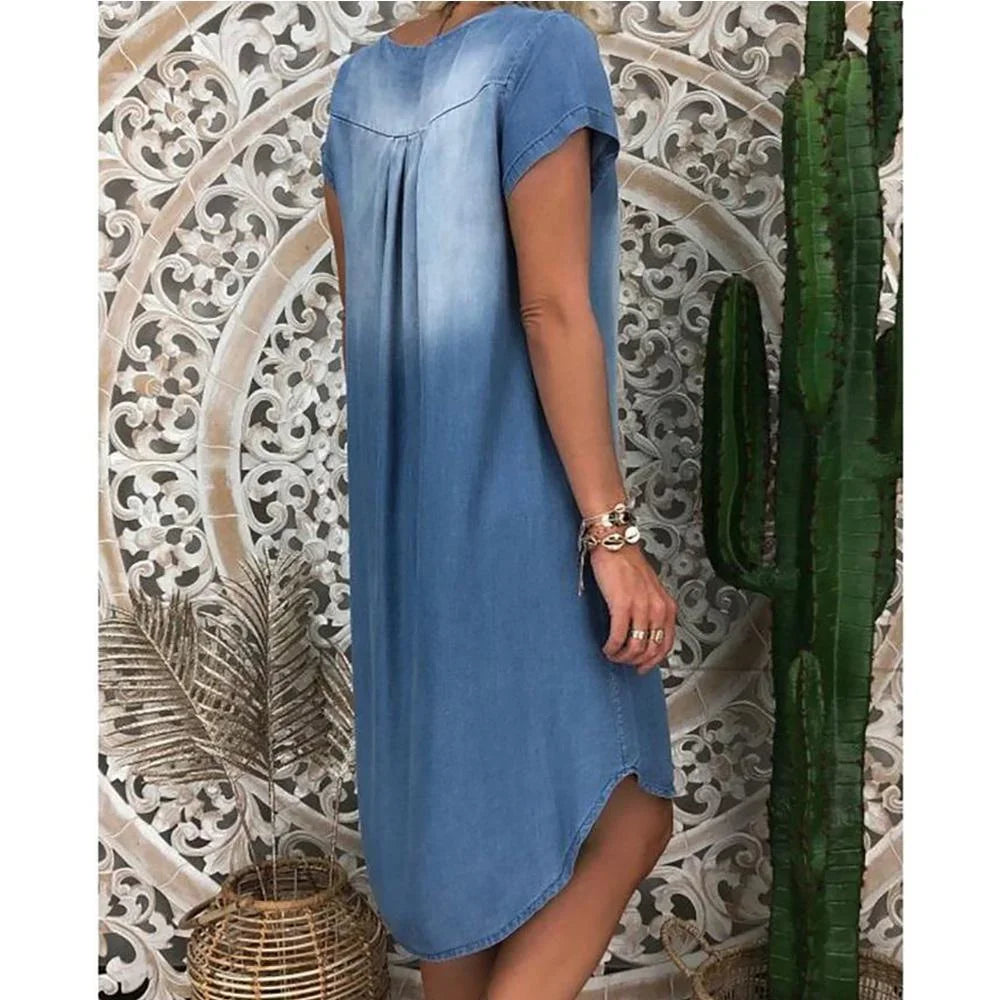 Denim Dress Swing Summer Dress Plus Size 1XL-5XL Women's New Fashion Casual Solid V Neck Long Party Loose Short Sleeve