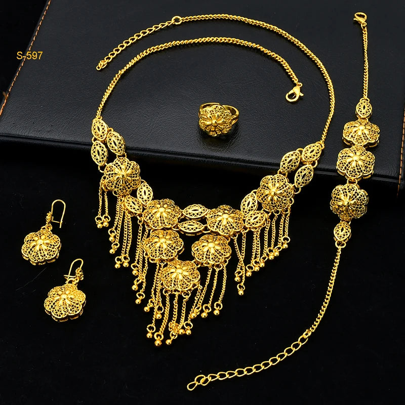 Ethiopian Tassel 24k Gold Plated Jewelry Sets For Women Arabic Wedding Indian Bridal Dubai Necklace And Earring Set Party Gifts