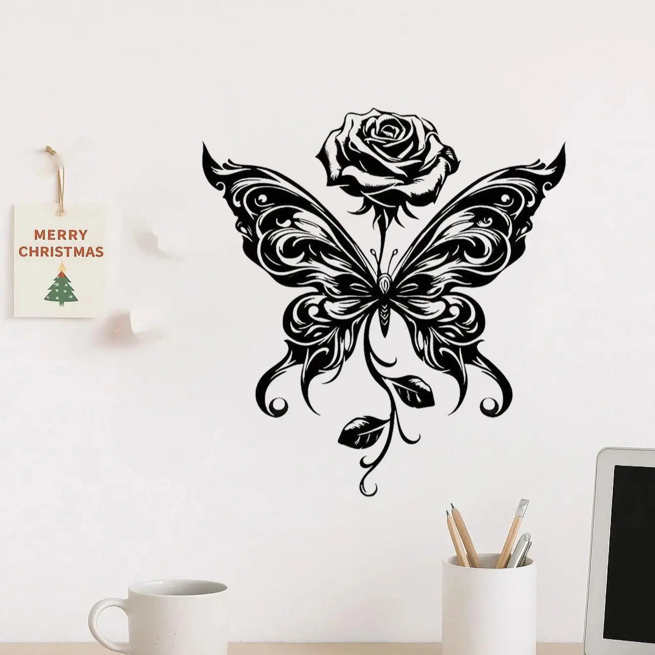 "Eternal Bloom" Metal Wall Art Black Butterfly Rose Sculpture, Minimalist Matte Iron Decor for Living Room Bedroom, Modern Home