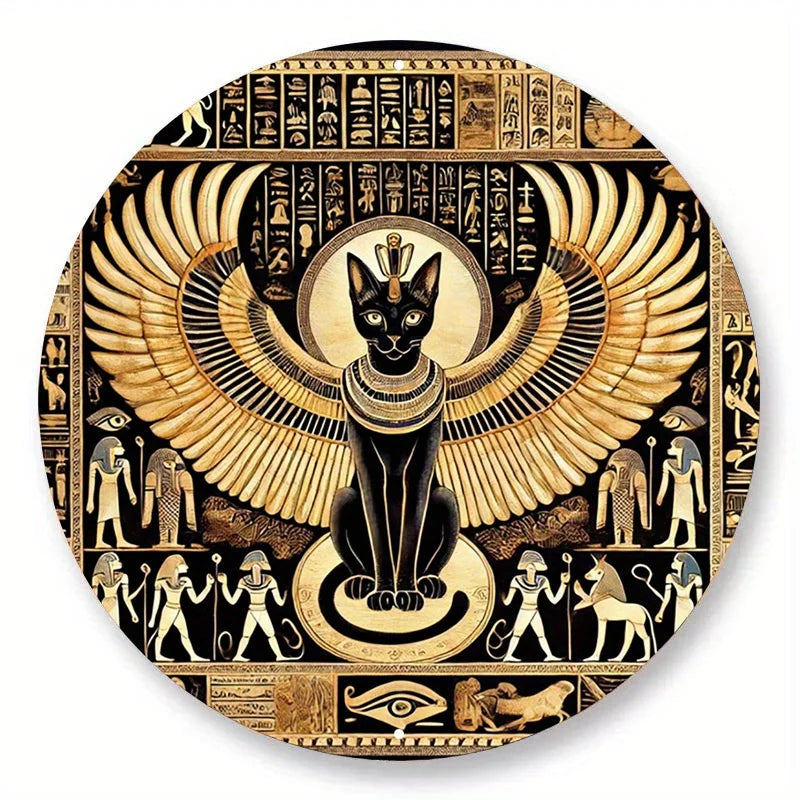 Egyptian Cat Goddess Vintage Metal Sign - Majestic Aluminum Round Wall Art, 7.8x7.8 Inch - Perfect for Bars, Cafes, Beach Houses