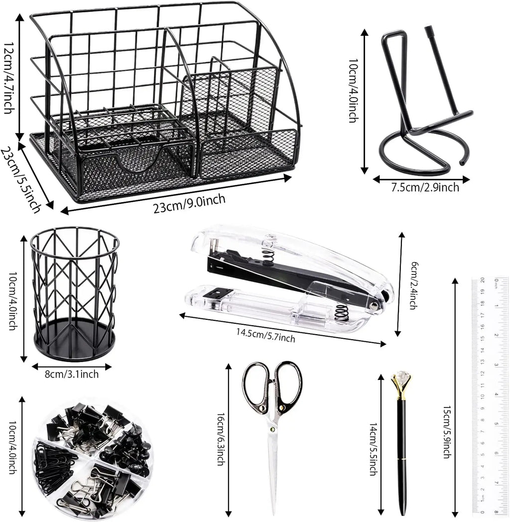 Desk Organizers Accessories Office Supplies Set Stapler, Pen Holder, Phone Holder, Scissors, Pen, Ruler, 30 Paper Clips, 22 Bind