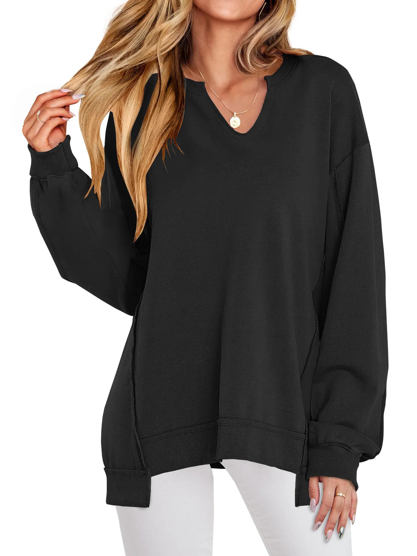 2026 Spring Sweatshirts Women Sweatshirt Tops V Neck Full Sleeve Y2k Streetwear Work Casual Loose Elegant Striped Top Autumn