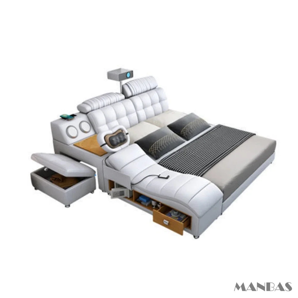 D MANBAS Tech Smart Genuine Leather Bed | Multifunctional Ultimate Beds | Massage Tatami Bed With Projecter | Upholstered Cama