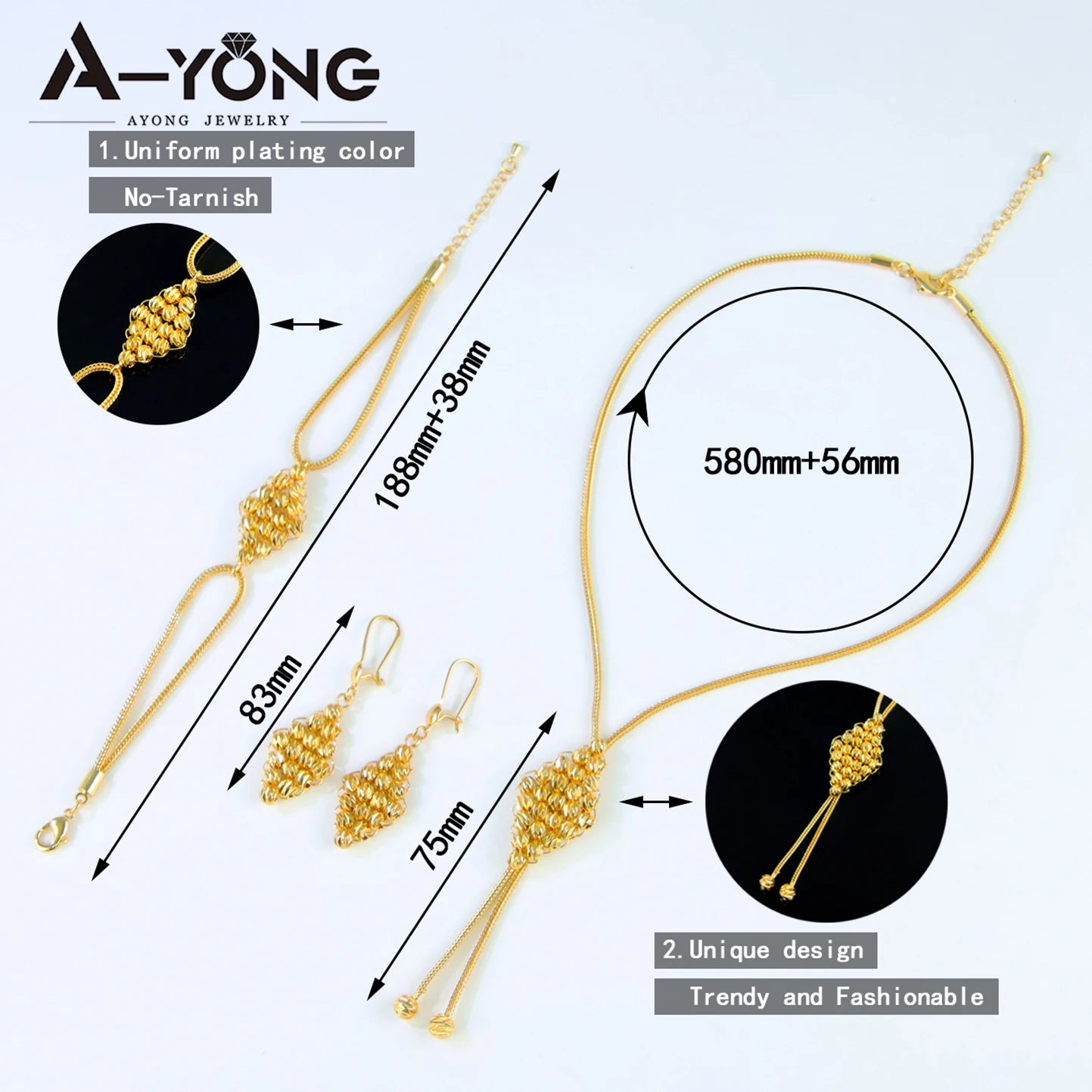 Arabic Gold Beads Jewelry Set 21k Gold Plated Dubai Women Bride Wedding Necklace Bracelet Earrings Ethiopian Fashion Jewellry