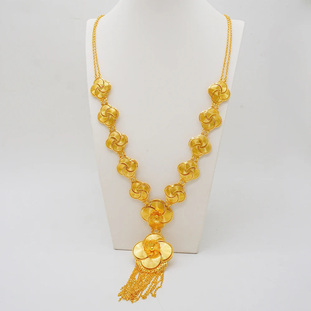 Ethiopia Africa Luxury Gold Color Jewelry Set Wedding Party Exquisite Women Wearing Earrings and Pendant Set