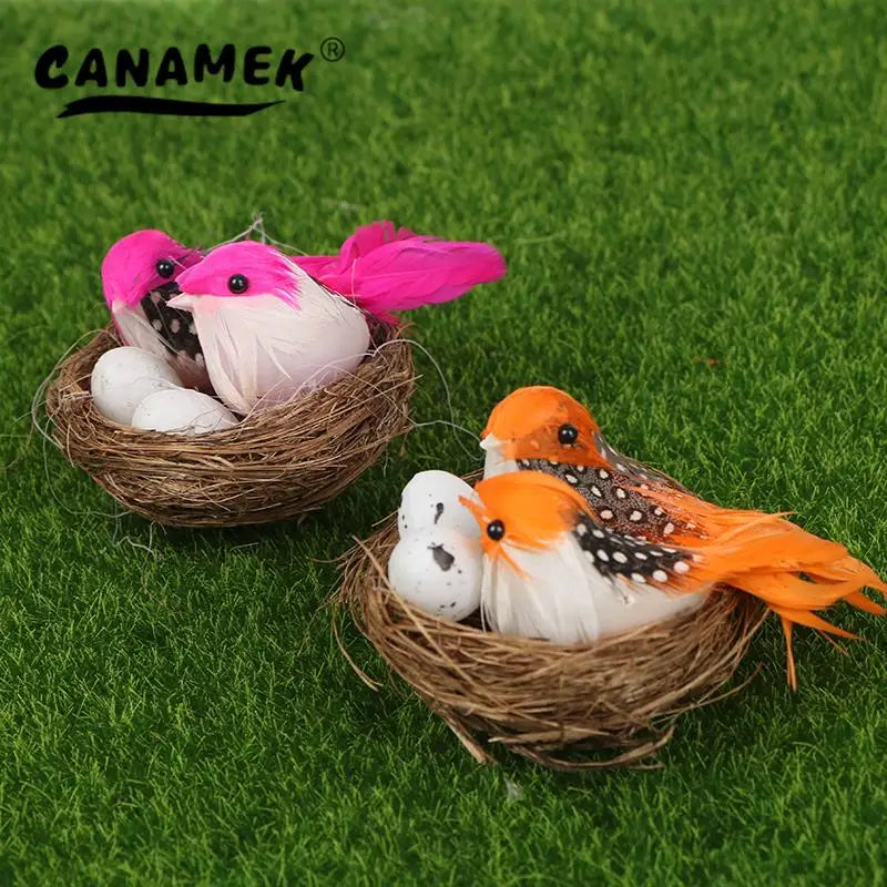 1 Set Artificial Feathered Birds & Nest & Egg Creative Craft Birds Sculpture Art Decoration Home Garden