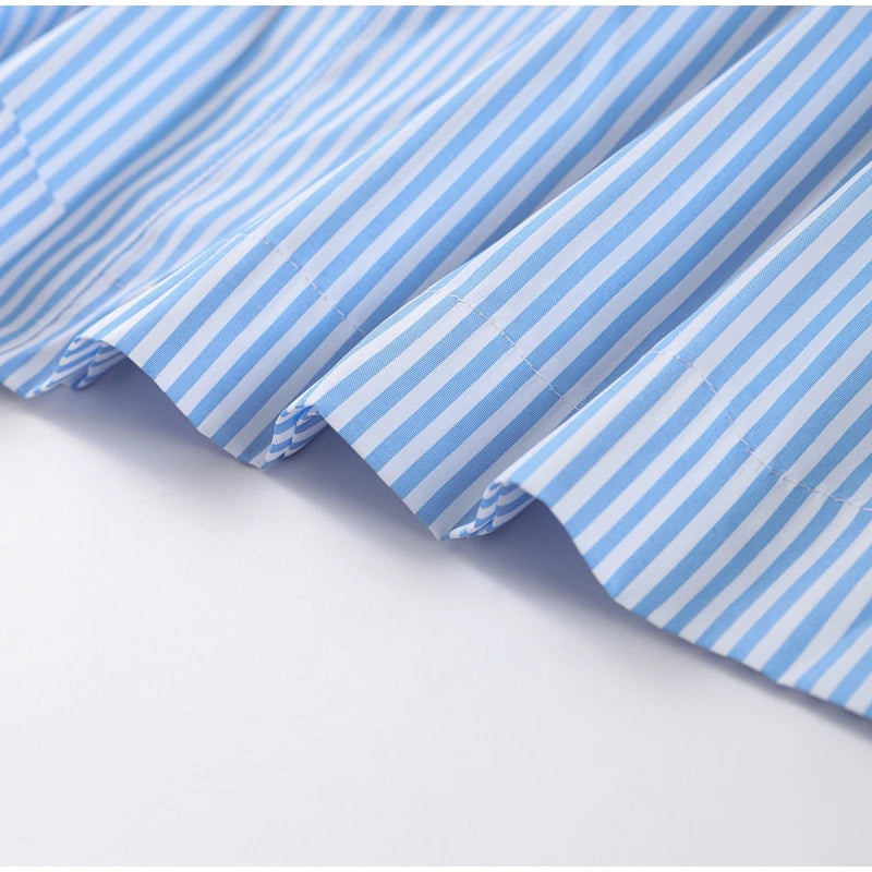 Casual Striped Women Summer Dress Lapel Single Breast Half Sleeve Slim Waist Long Dresses 2025 Autumn Lady Fashion Vacation Robe