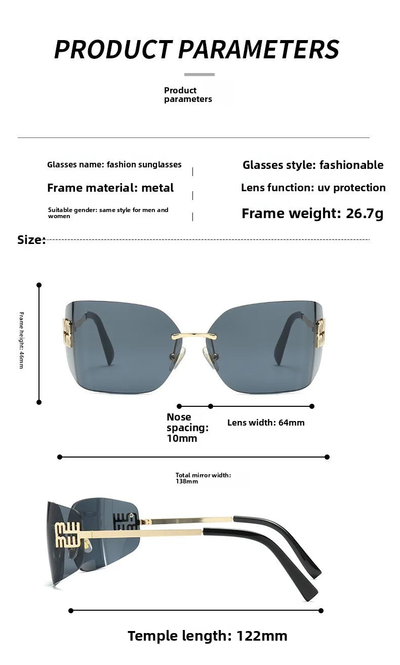 Curved One-Piece Sunglasses, Frameless Square Cut-Edge Design, UV400 Protection, Women's High-End Street Style