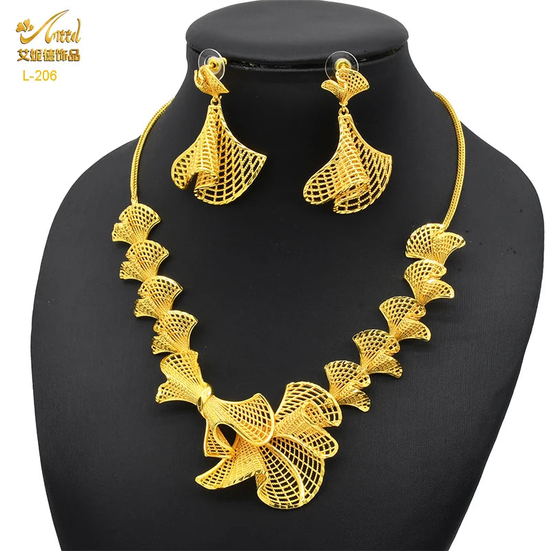 Ethiopian Tassel 24k Gold Plated Jewelry Sets For Women Arabic Wedding Indian Bridal Dubai Necklace And Earring Set Party Gifts