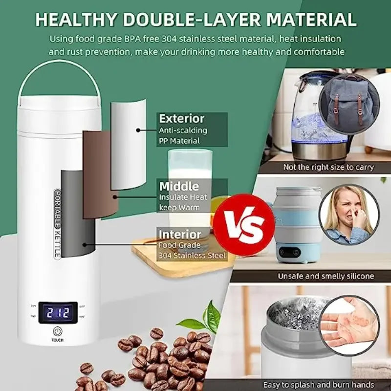500ml Mini Kettle Electric Travel Kettle 4 Temperatures Portable Kettle Fast Heating Cup for Coffee and Tea