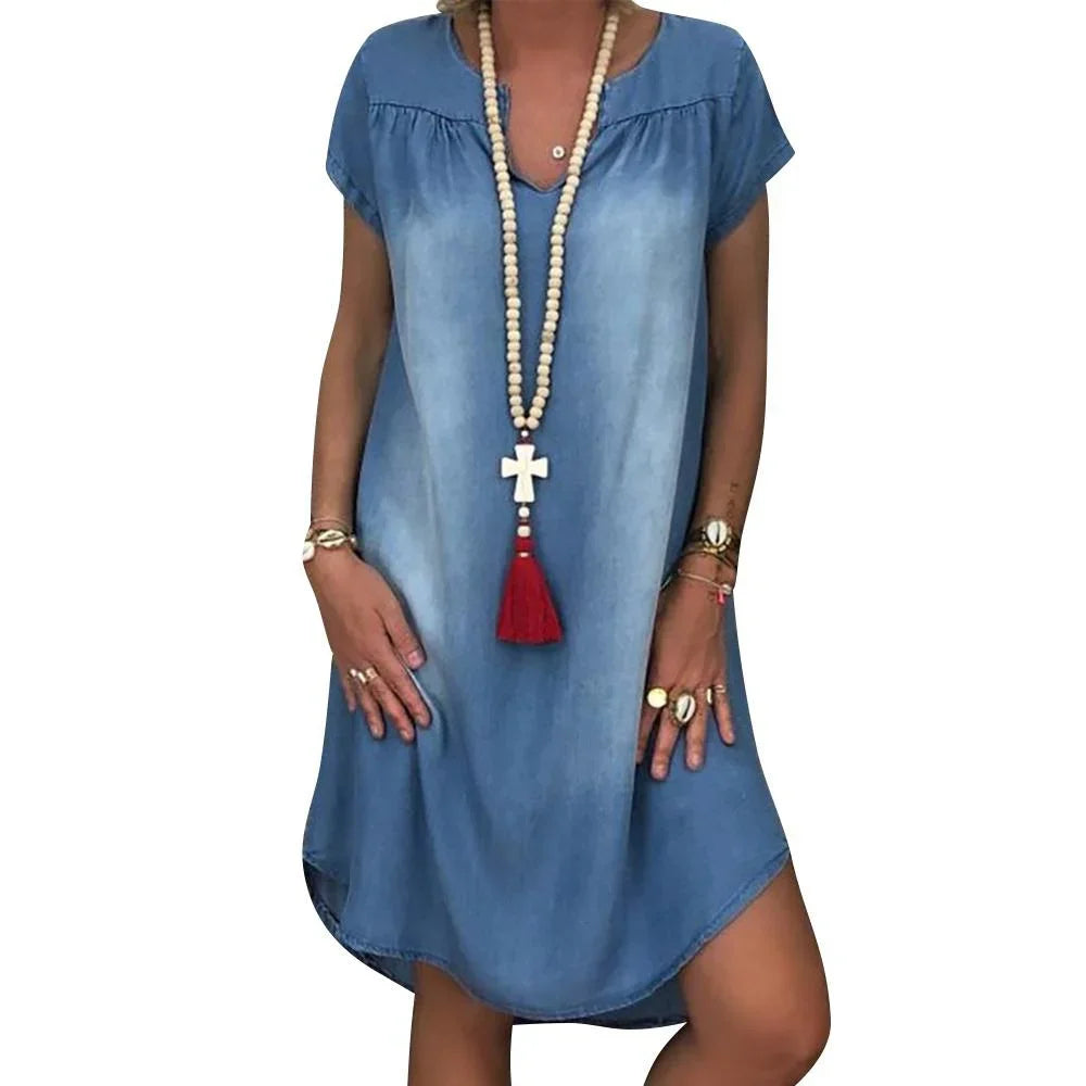 Denim Dress Swing Summer Dress Plus Size 1XL-5XL Women's New Fashion Casual Solid V Neck Long Party Loose Short Sleeve
