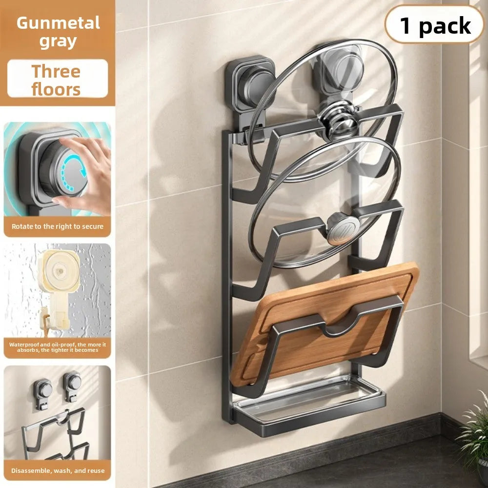 2Layers/3Layers Suction Cup Pot Lid Rack Cookware Storage Punch Free Pot Lids Holder Shelf Space Saving Wall Mounted