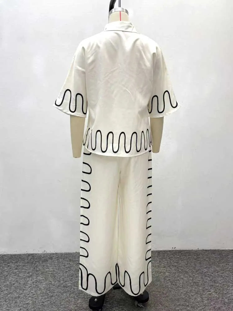 2 Pieces Set for Woman Summer Short Sleeve White Top and Loose Straight Trouser Casual Streetwear Shirt and Pants Set Outfit