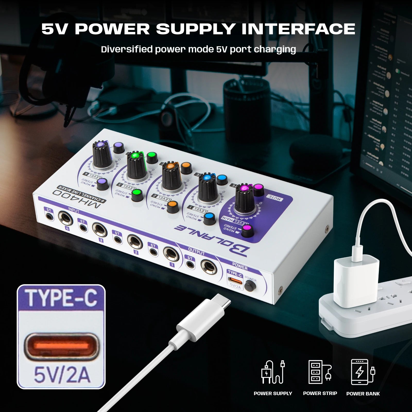Bolanle Ultra Low-Noise 4-Channel Line Mixer Equipped with stereo mono switching and  mute function RGB lighting effect