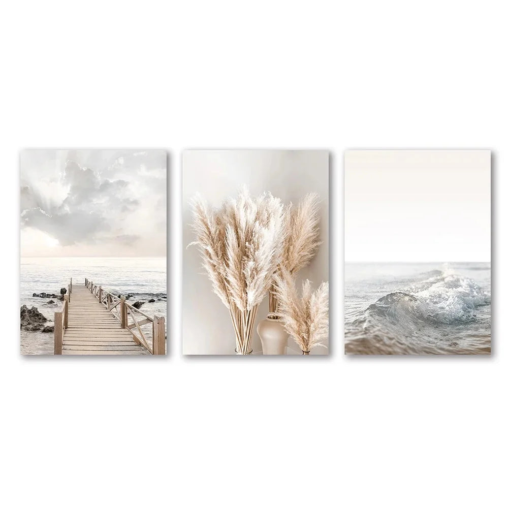 3pcs White Seascape Canvas Painting Nordic Sea Beach Pampas Botanical Grass Posters Decor Living Room Bedroom Wall Art Decor