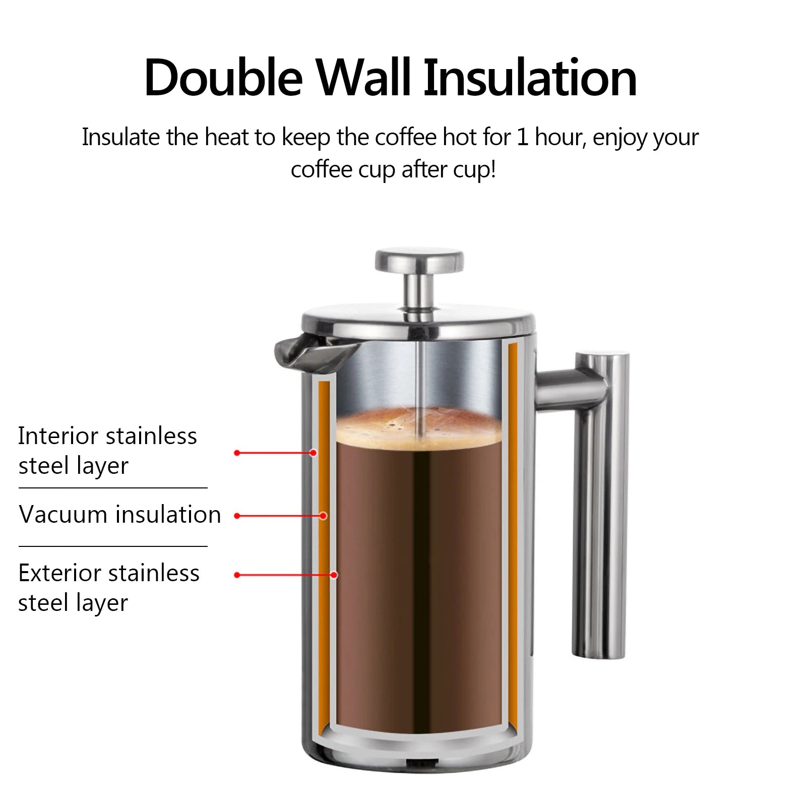Coffee Maker Stainless Steel Double Walled Insulated Coffee   Maker Pot 350ml/800ml/1000ml French Press