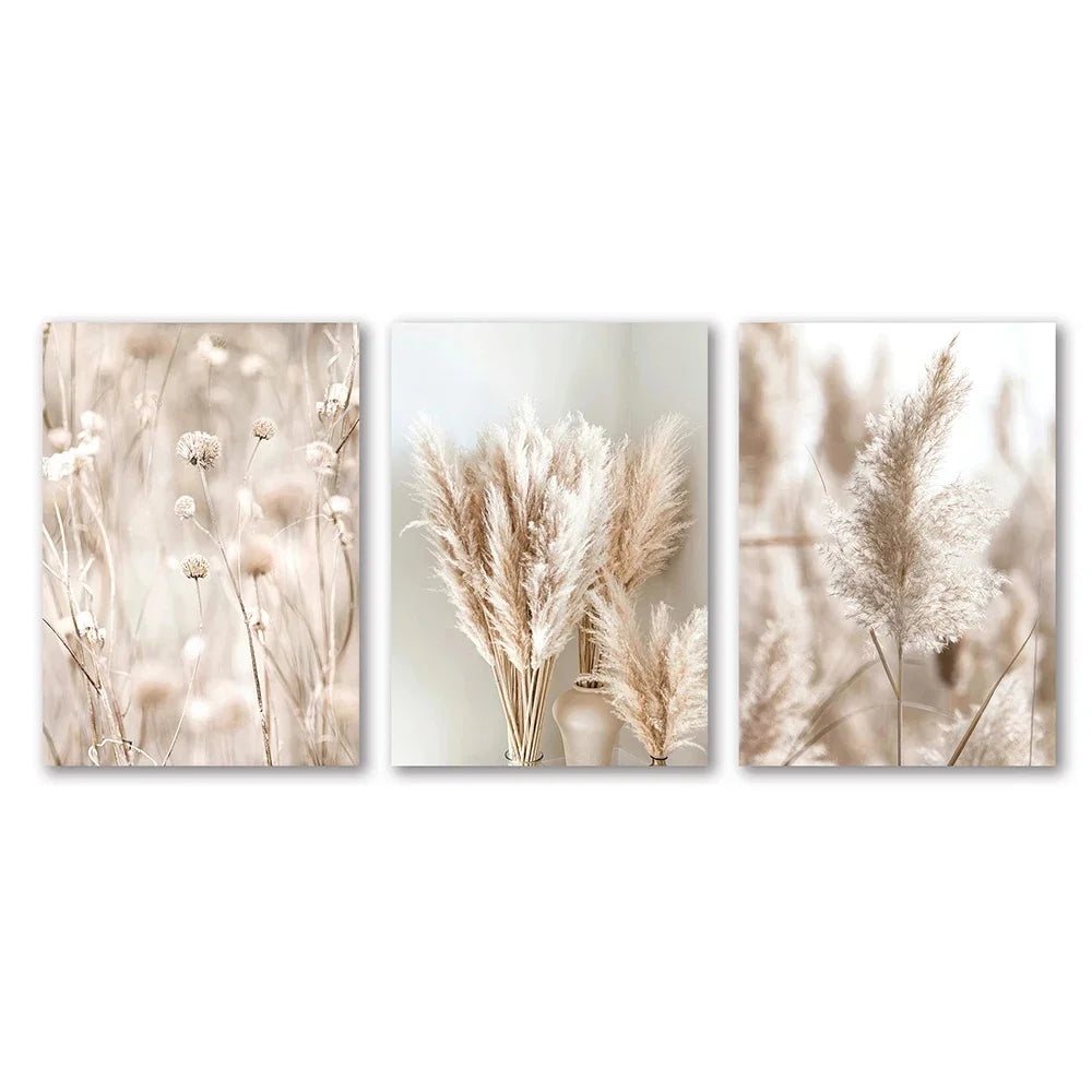 3pcs White Seascape Canvas Painting Nordic Sea Beach Pampas Botanical Grass Posters Decor Living Room Bedroom Wall Art Decor