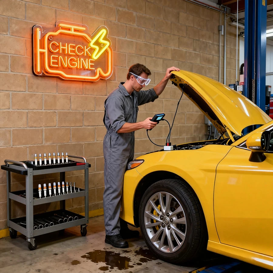Check Engine Led Neon Sign, Repair Tool Icon, Dad'S Wall Art Gift, Man Cave, Auto Repair Shop, Workshop, Garage And Party Decor.