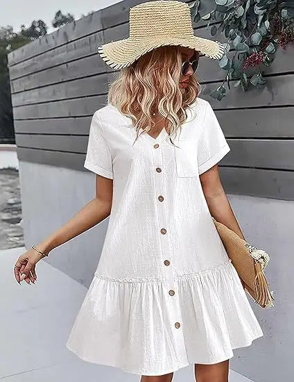 Casual Cotton Linen Summer Mini Dress For Women V-Neck Ruffles Short Sleeve Short Dress Ladies Fashion Loose Button Dresses