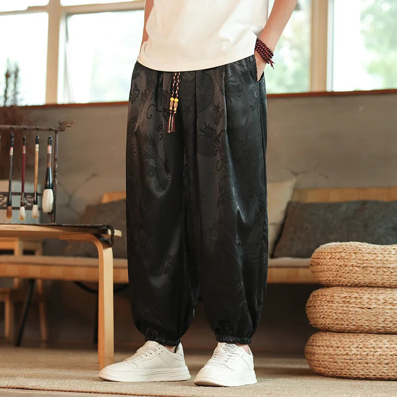 2026 Men's Chinese Style Pants Summer Ice Silk Casual Trousers Vintage Dragon Print High Quality Loose Wide Leg Harem Pants Male
