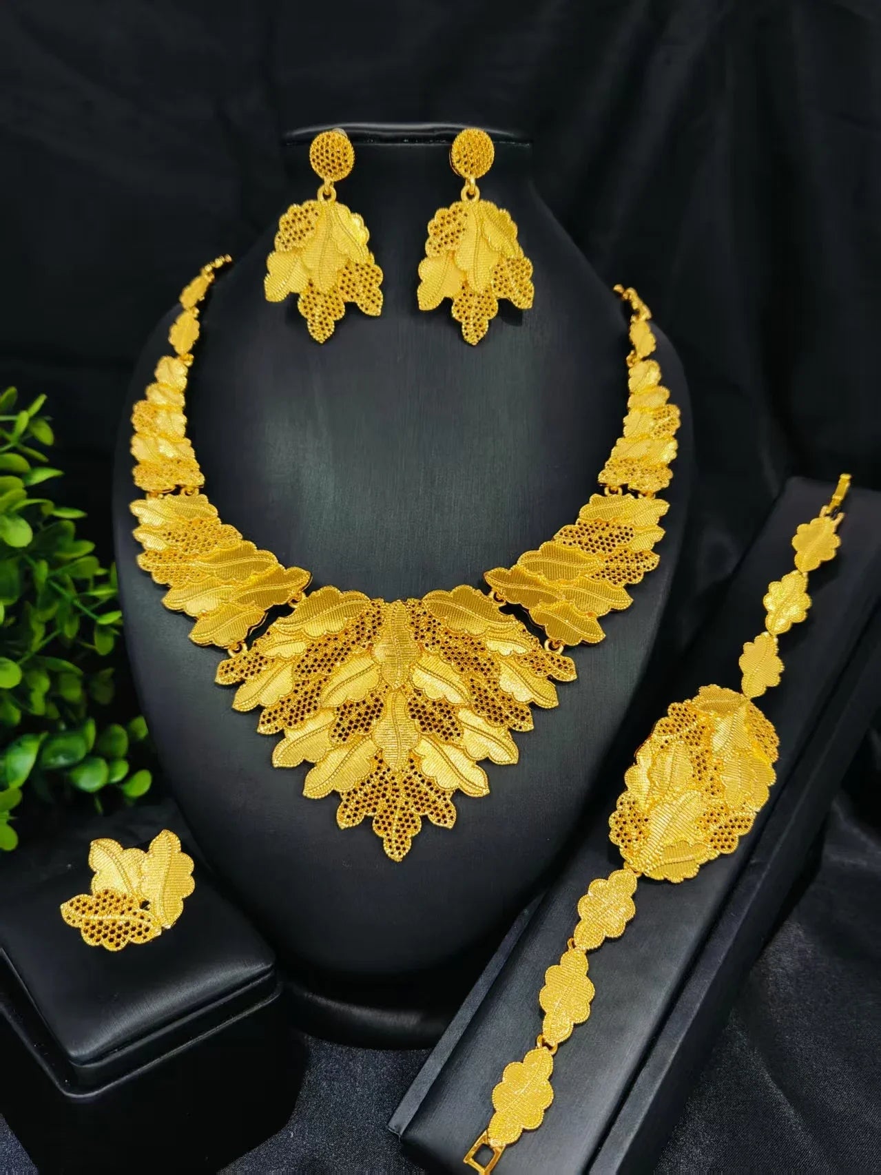 Ethiopian  Necklace Earrings Bangle Ring Jewelry Set For Women 24K Gold Plated Dubai Indian African Bridal Wedding Party Jewelle