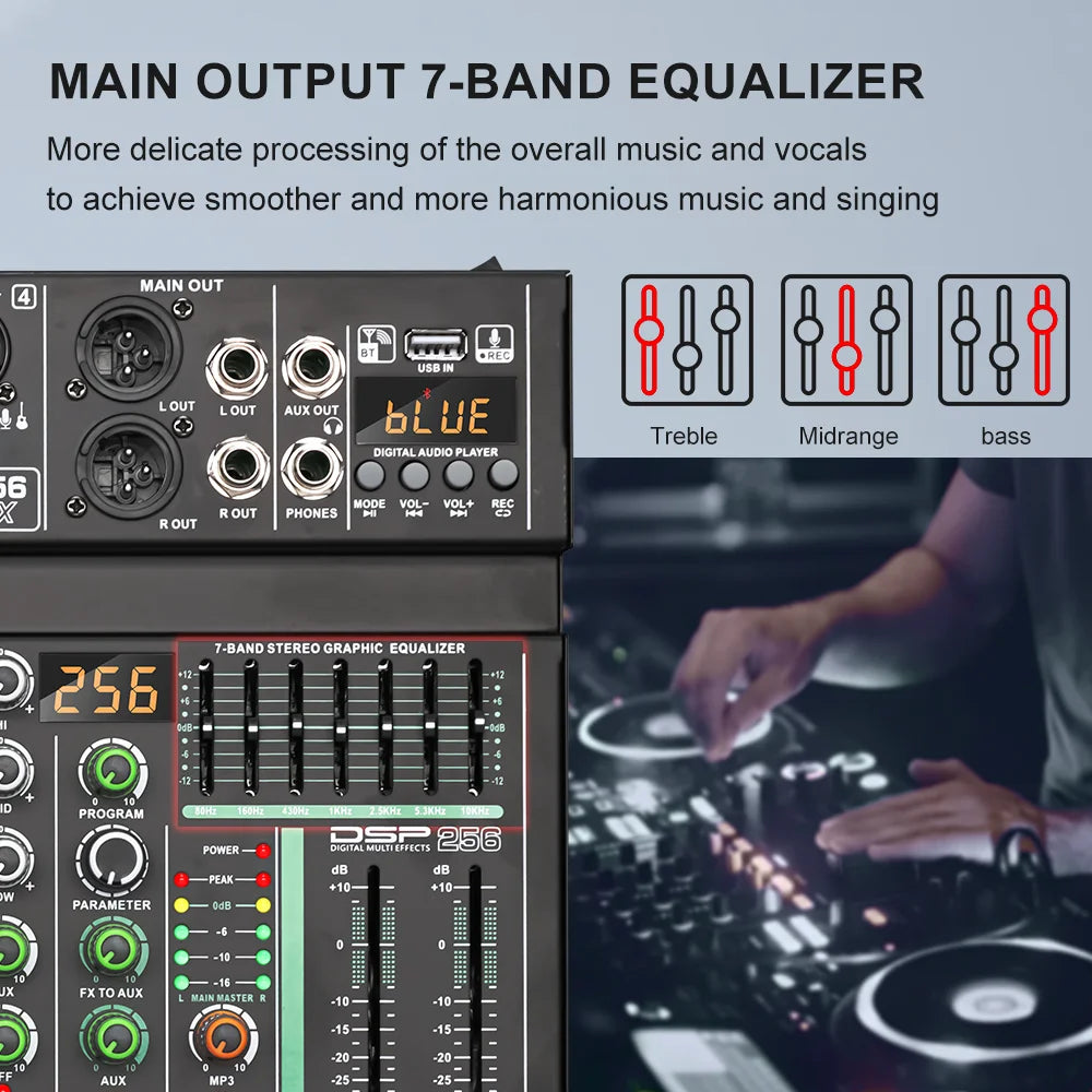 BOMGE 4/6 Channel 256DSP Audio Mixer USB Bluetooth/catu daya 48V independen/cocok untuk studio, panggung DJ, pesta