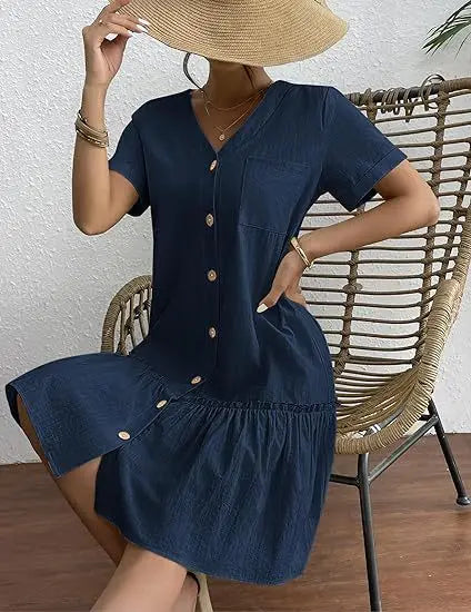 Casual Cotton Linen Summer Mini Dress For Women V-Neck Ruffles Short Sleeve Short Dress Ladies Fashion Loose Button Dresses