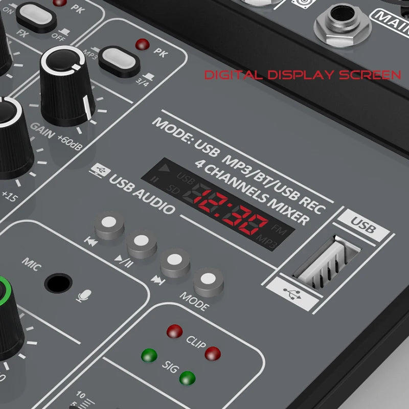 4 Channel Audio Mixer 48V Phantom Power USB Studio Sound Mixers Bluetooth DJ Console Mixing for Karaok