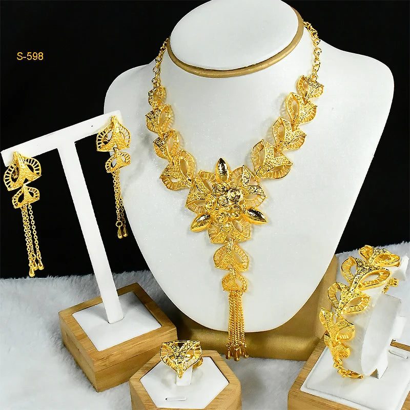 Ethiopian Tassel 24k Gold Plated Jewelry Sets For Women Arabic Wedding Indian Bridal Dubai Necklace And Earring Set Party Gifts