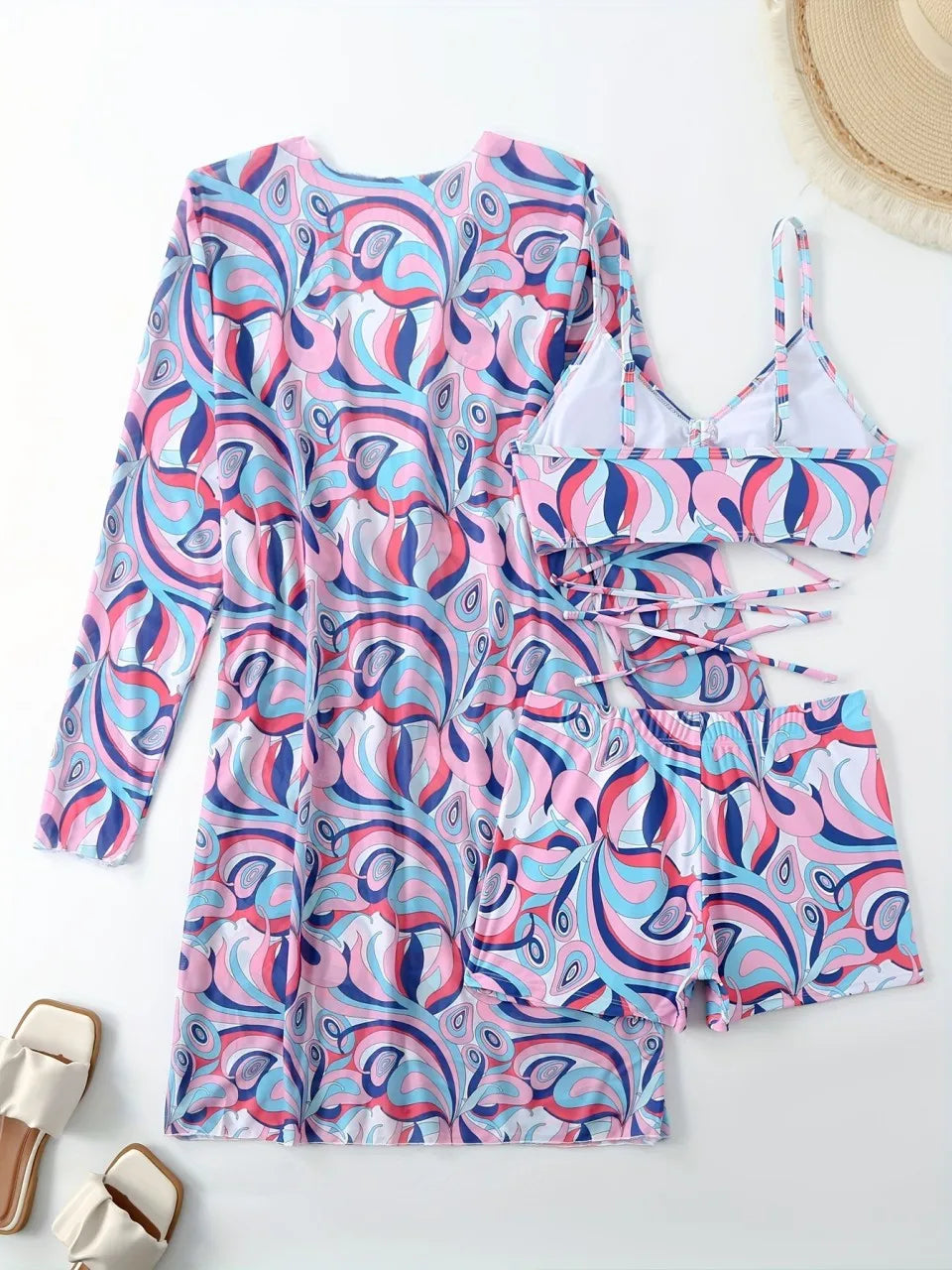 3 Pieces Tie Dye Bikinis Swimsuit 2025 New Women Drawstring Front Swimwear Female High Waist Shorts Bathers Swim Suit Beachwear