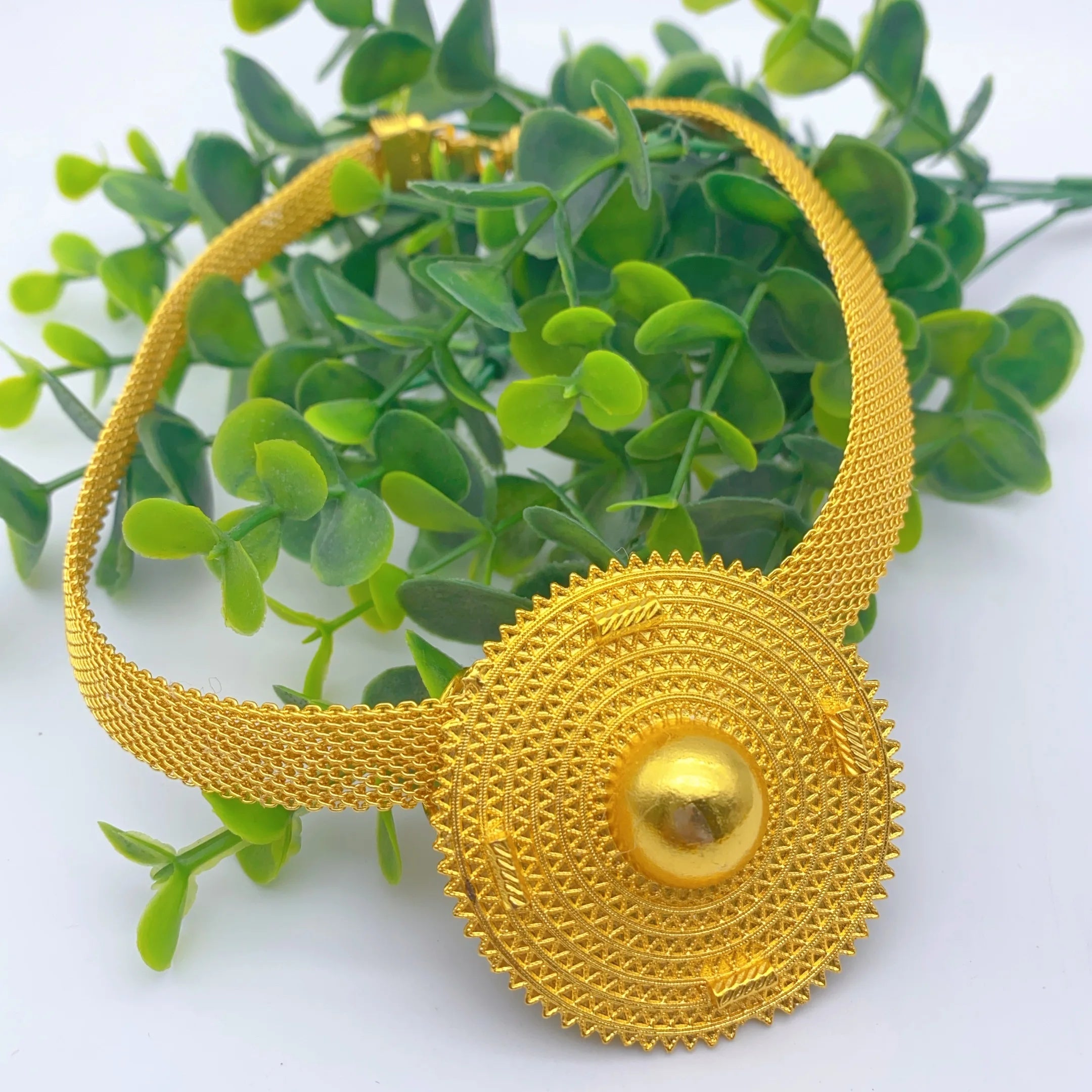 Ethiopian 24k Gold Color Charm Necklace Earrings Set For Lady Africa Big Pendant Choker Jewelry Wedding Party Accessories