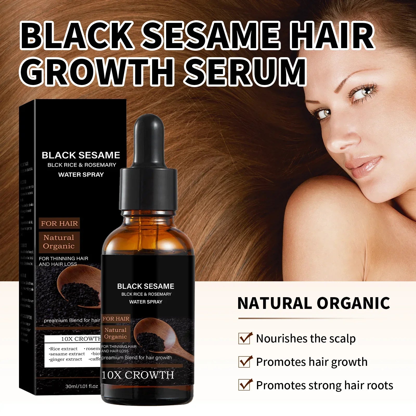 Black Sesame Hair Growth Serum with Caffeine Ginger Extract 30ml Natural Scalp Nourishment Oil for Thinning Hair Stronger Roots