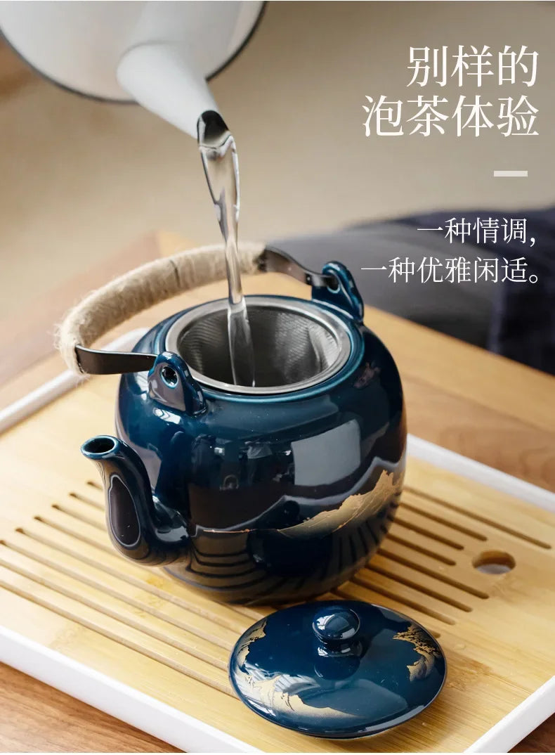 Black glaze large-capacity tea set, simple ceramic beam pot, teacup whole tea pot set  tea set  tea pot and cup set