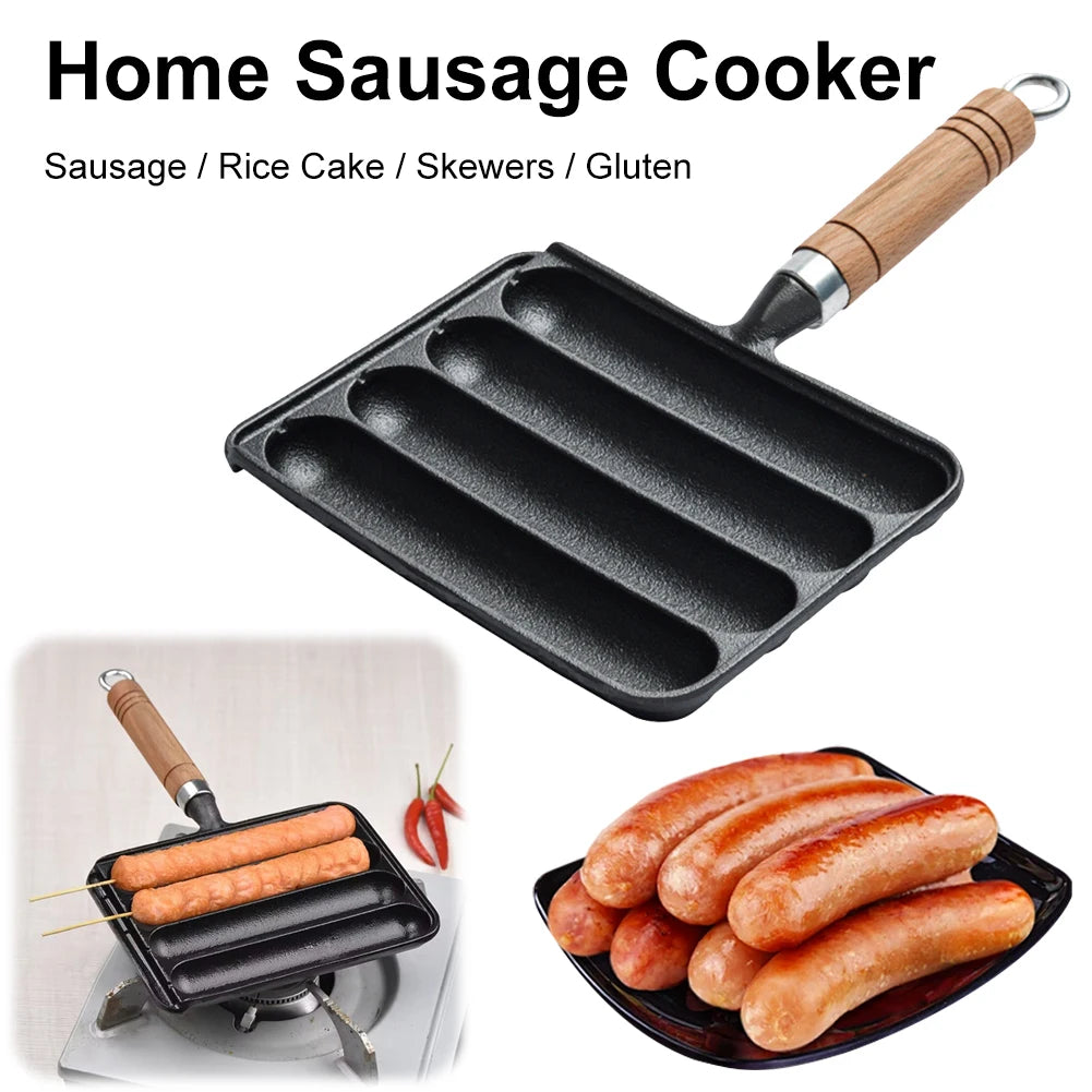 Cast Iron Pre-Seasoned Pot Non-Stick Pre-Seasoned Grilled Sausage Pot with Wooden Handle Hot Dog Mold Pan BBQ Supply Grilled Pot