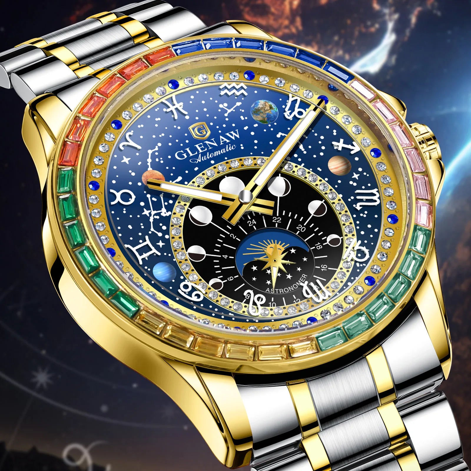 2025 New GLENAW Rainbow Circle Mechanical Watch Men Constellation dial Design Night Light Waterproof Top Luxury Mechanical Watch