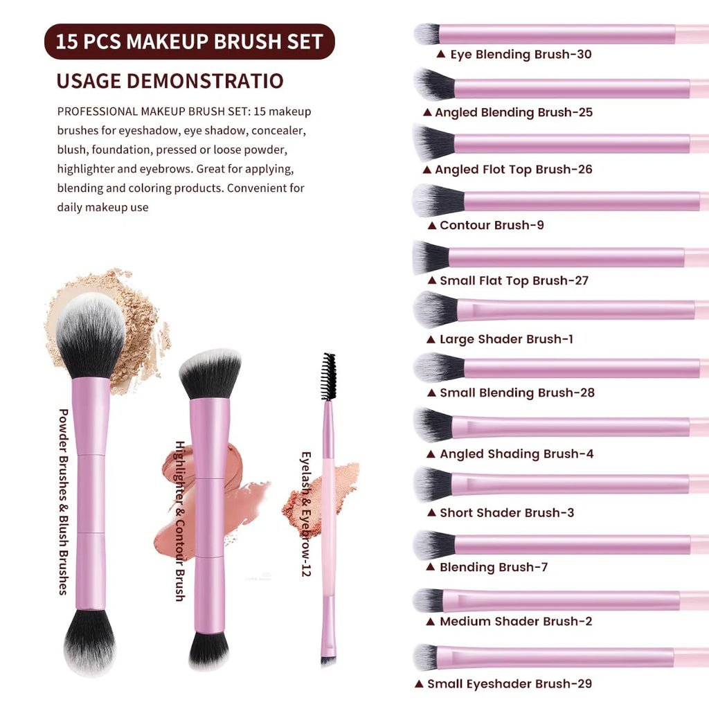 15 PCS Makeup Brushes Double-ended Makeup Brush Set Double Sided Angled/Round Top Brush Foundation Contour Blending Eyebrow Eyes