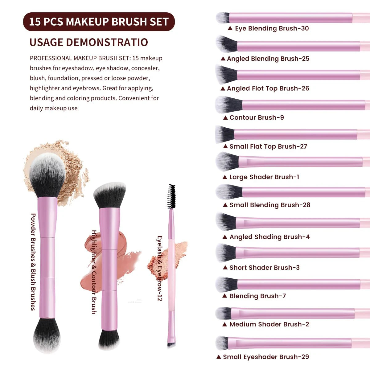 15 PCS Makeup Brushes Double-ended Makeup Brush Set Double Sided Angled/Round Top Brush Foundation Contour Blending Eyebrow Eyes