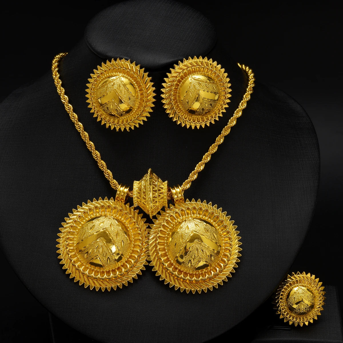 Eritrean Ethnic Style Jewelry Set Gold Color Necklace Pendant Ring Earring Ethiopian Bride Traditional Wedding Jewelry Gift #086