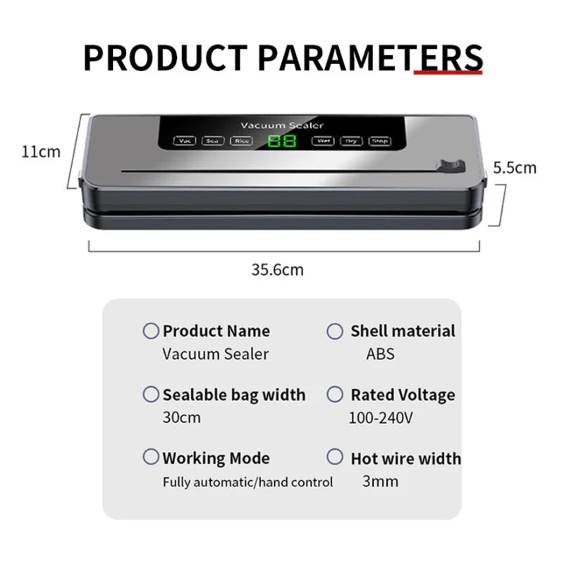 Electric Vacuum Sealer Dry/Wet Food Sealed Packaging Kitchen Food Storage Seal Built-in Cutter Knife Vacuum Sealer Machine