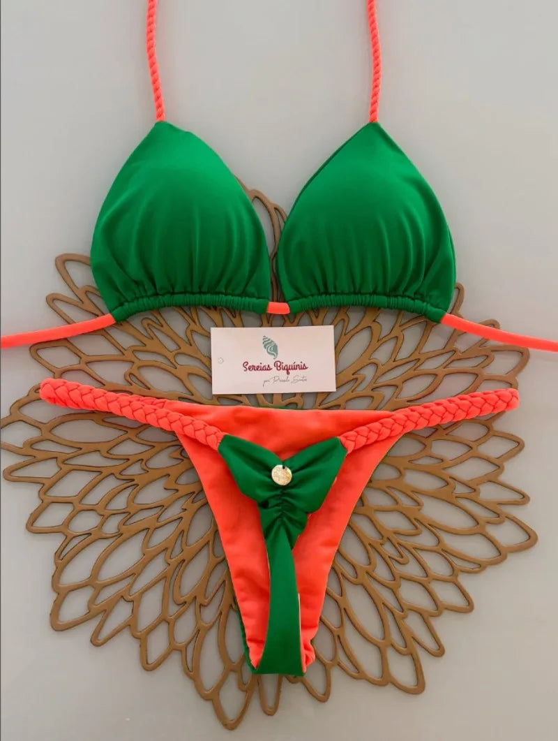 2026 New Bikinis Women Swimsuit Sexy Swimwear Halter Bikini Set Lace-up Biquine Brasileiro Thong Print Beachwear Party Wear