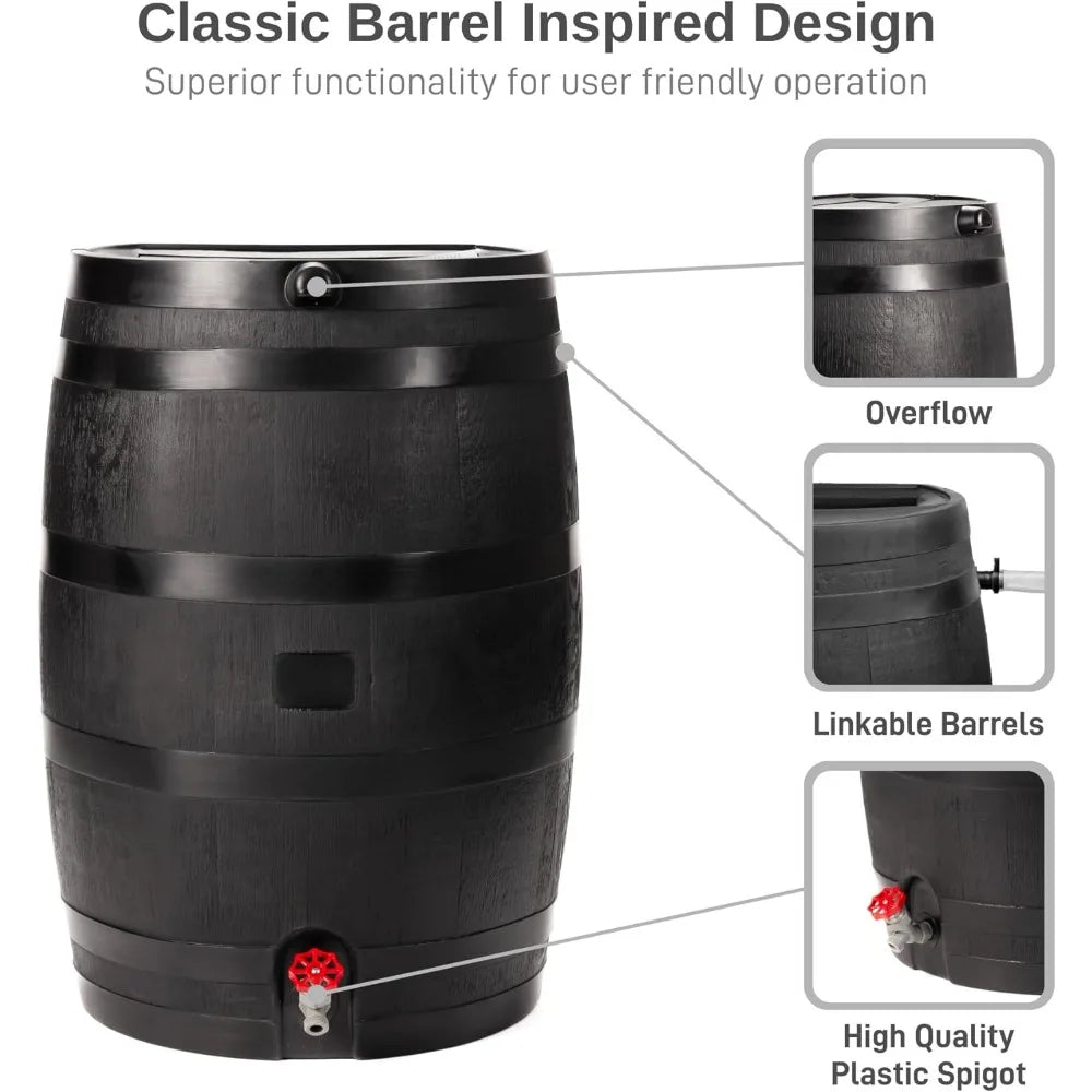 50 Gallon ECO Rain Barrel Flat Back Design 100% Recycled Plastic Rainwater Collection Tank Black