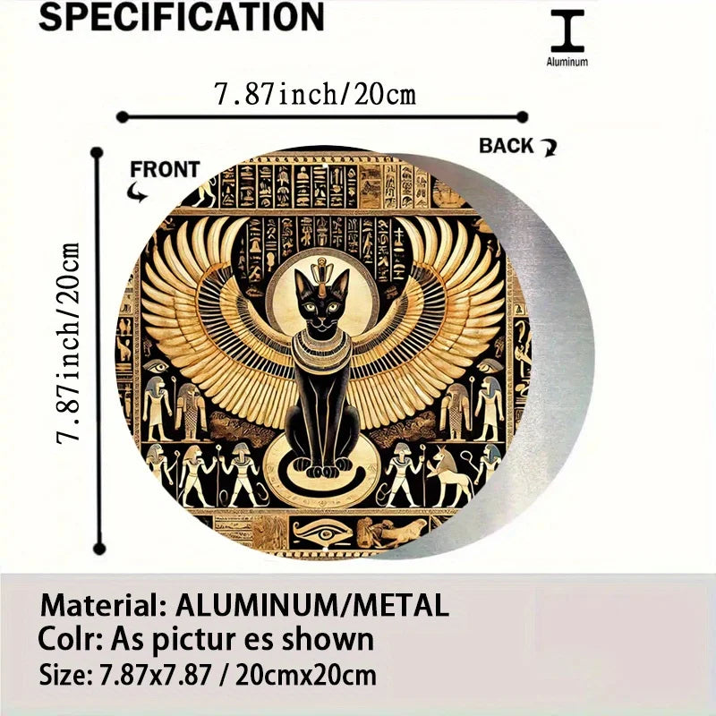 Egyptian Cat Goddess Vintage Metal Sign - Majestic Aluminum Round Wall Art, 7.8x7.8 Inch - Perfect for Bars, Cafes, Beach Houses