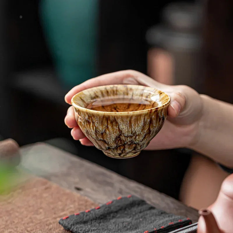 A Set of Handmade Ceramic Teacups, A Total of 5 Pieces, Traditional Kiln-changed Wuxing Kung Fu Teacup, Jianzhan Style
