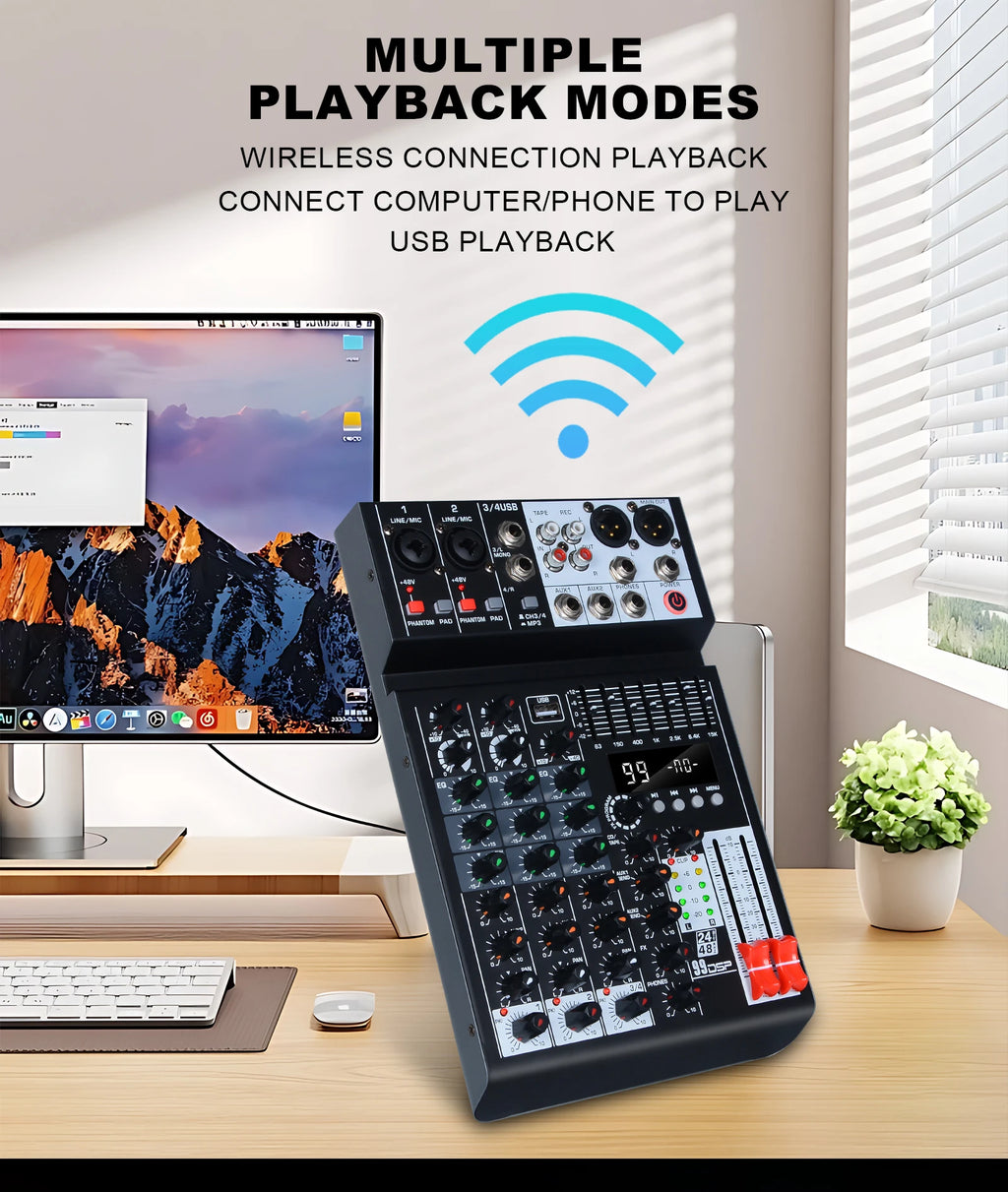 99 effects 4-channel mixing console with balance adjustment function Digital USB Bluetooth Echo Delay Effect 48V Stereo