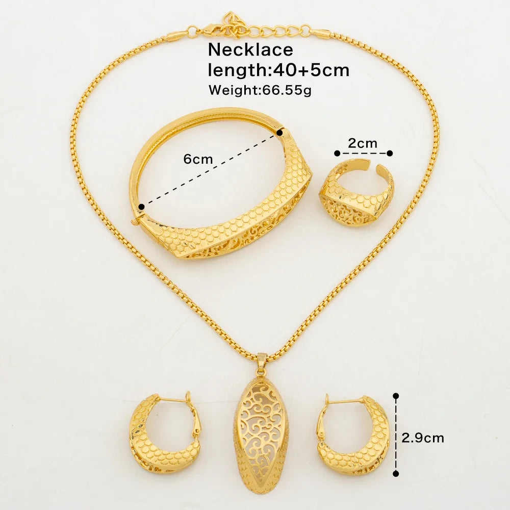 Ethiopian Color Jewelry Set for Women Hollow Out Design Copper Necklace and Earrings Bracelet Ring Set for Engagement Gifts