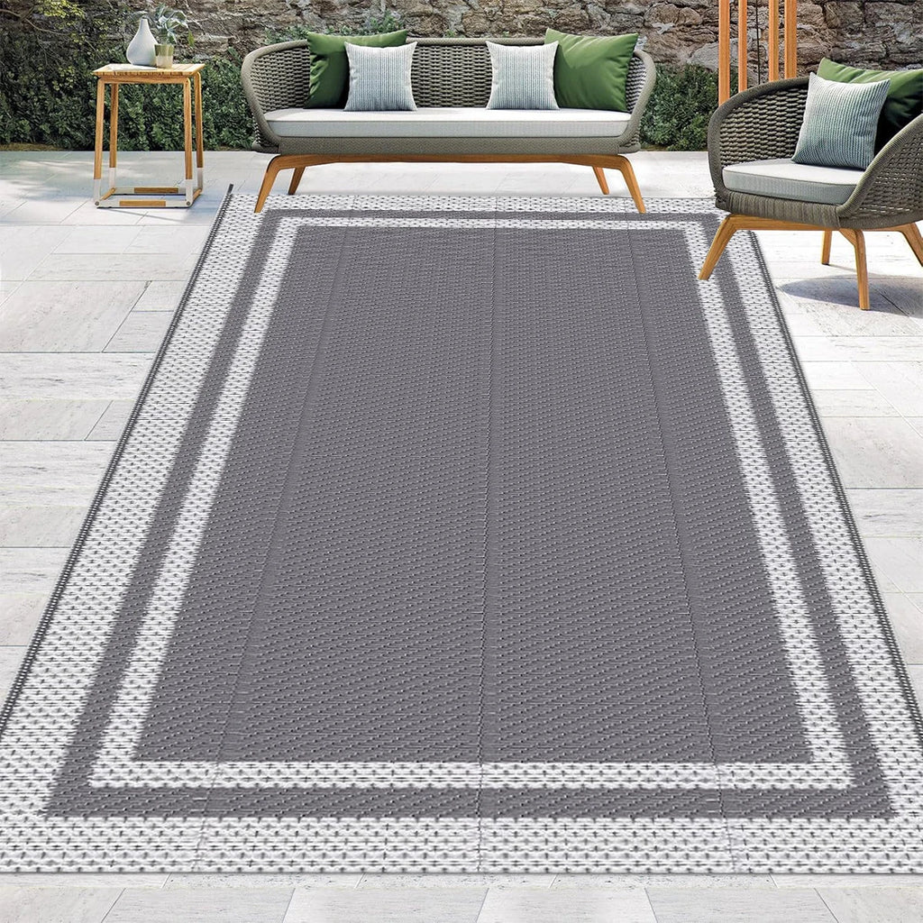 6' x 9' Outdoor Mat with Ground Pegs - Durable PP Material, Gray and White Grid Pattern, Perfect for Patio, Camping and Outdoor