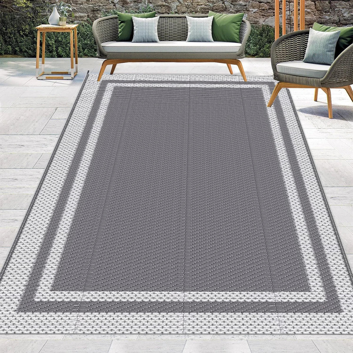6' x 9' Outdoor Mat with Ground Pegs - Durable PP Material, Gray and White Grid Pattern, Perfect for Patio, Camping and Outdoor