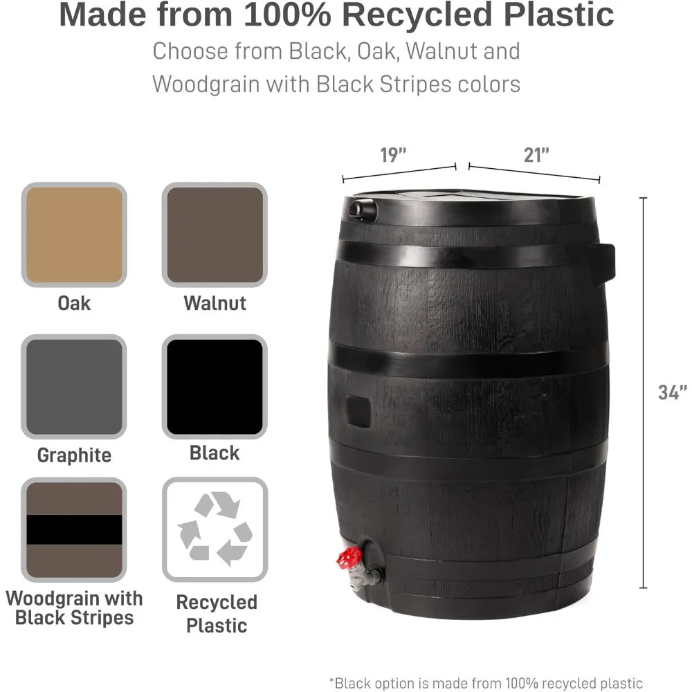 50 Gallon ECO Rain Barrel Flat Back Design 100% Recycled Plastic Rainwater Collection Tank Black