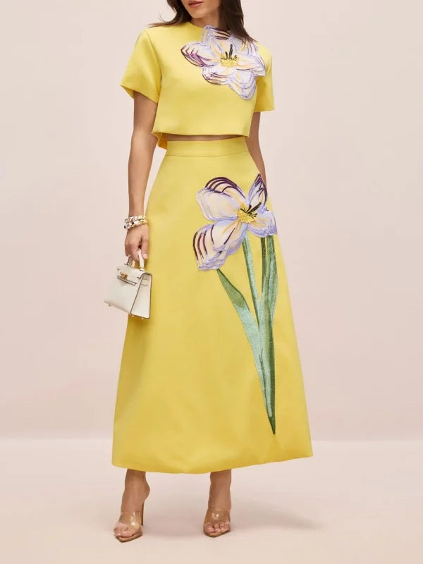 2026 Spring Fashion Women's Floral Printed Dress Sets Short Sleeves Cropped T-shirt & High Waist Pleated Skirt Casual Skirt Set