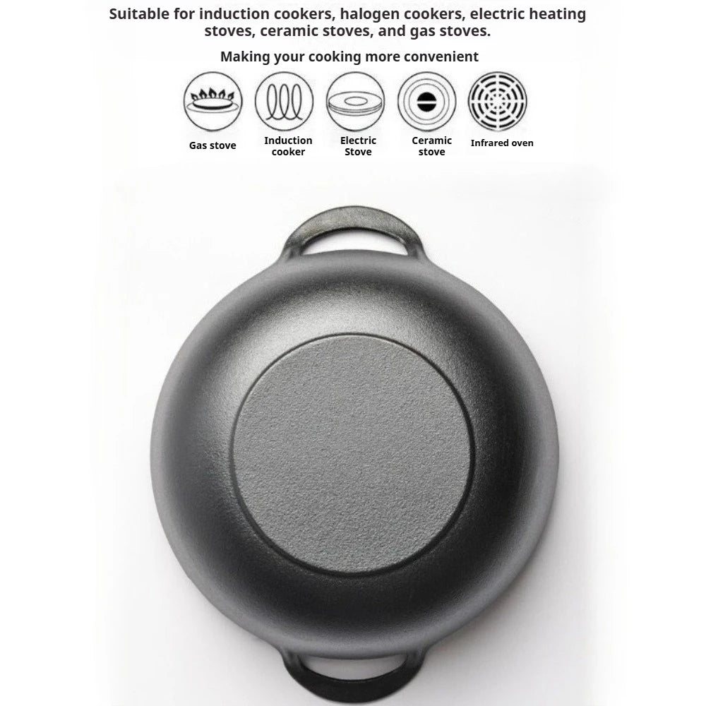 Cast Iron Skillet with Handles Durable Grilling Wok Nonstick Cooking Pot for Home Outdoor Grilling Camping Kitchen Cookware